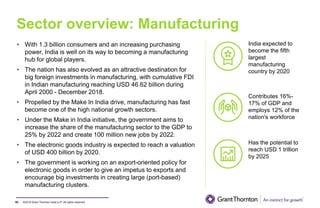 ©2019 Grant Thornton India LLP. All rights reserved.
Sector overview: Manufacturing
60
• With 1.3 billion consumers and an increasing purchasing
power, India is well on its way to becoming a manufacturing
hub for global players.
• The nation has also evolved as an attractive destination for
big foreign investments in manufacturing, with cumulative FDI
in Indian manufacturing reaching USD 46.62 billion during
April 2000 - December 2018.
• Propelled by the Make In India drive, manufacturing has fast
become one of the high national growth sectors.
• Under the Make in India initiative, the government aims to
increase the share of the manufacturing sector to the GDP to
25% by 2022 and create 100 million new jobs by 2022.
• The electronic goods industry is expected to reach a valuation
of USD 400 billion by 2020.
• The government is working on an export-oriented policy for
electronic goods in order to give an impetus to exports and
encourage big investments in creating large (port-based)
manufacturing clusters.
India expected to
become the fifth
largest
manufacturing
country by 2020
Contributes 16%-
17% of GDP and
employs 12% of the
nation's workforce
Has the potential to
reach USD 1 trillion
by 2025
 