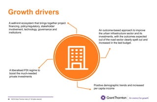 ©2019 Grant Thornton India LLP. All rights reserved.
Growth drivers
69
A well-knit ecosystem that brings together project
financing, policy/regulatory, stakeholder
involvement, technology, governance and
institutions
Positive demographic trends and increased
per capita income
An outcome-based approach to improve
the urban infrastructure sector and its
investments, with the outcomes expected
out of the road sector clearly spelt out and
increased in the last budget.
A liberalised FDI regime to
boost the much-needed
private investments
 