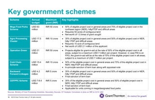 ©2019 Grant Thornton India LLP. All rights reserved.75
Key government schemes
Sources: Ministry of Food Processing Industries, Secondary Sources, GT Analysis; Conversion is done on INR to 0.014 USD
Scheme Annual
budget
Maximum
grant (INR)
Key highlights
Mega Food Parks
Scheme
USD 63
million
INR 50 crore • 50% of eligible project cost in general areas and 75% of eligible project cost in the
northeast region (NER), hilly/ITDP and difficult areas
• Requires 50 acres of contiguous land
• Net-worth of 1.5 times of grant sought
Agro Processing
Cluster
USD 17.5
million
INR 10 crore • 35% of eligible project cost in general areas and 50% of eligible project cost in NER,
hilly/ ITDP and difficult areas
• Requires 10 acre of contiguous land
• Net worth of USD 2.1 million of the applicant
Operation Green USD 21
million
INR 50 crore • Projects eligible for grant-in-aid at the rate of 50% of the eligible project cost in all
areas, subject to a maximum USD 7 million per project. However, in case PIA is an
FPO, the grant-in-aid will be at the rate of 70% of the eligible project cost in all areas,
subject to a maximum of USD 7 million per project.
Cold Chain
Scheme
USD 15.4
million
INR 10 crore • 50% of the eligible project cost in general areas and 75% of the eligible project cost in
NER, hilly/ITDP and difficult areas
• In-principle sanction of term loan along with appraisal note
Backward
Forward Linkages
USD 4.2
million
INR 5 crore • 35% of eligible project cost in general areas and 50% of eligible project cost in NER,
hilly/ ITDP and difficult areas
• Final sanction of term loan
CEFPPC Scheme USD 7-8.4
million
INR 5 crore • 35% of the eligible project cost in general areas and 50% of eligible project cost in
NER, hilly/ ITDP and difficult areas
• Final sanction of term loan
• Applicable for units coming in mega/designated food parks
 