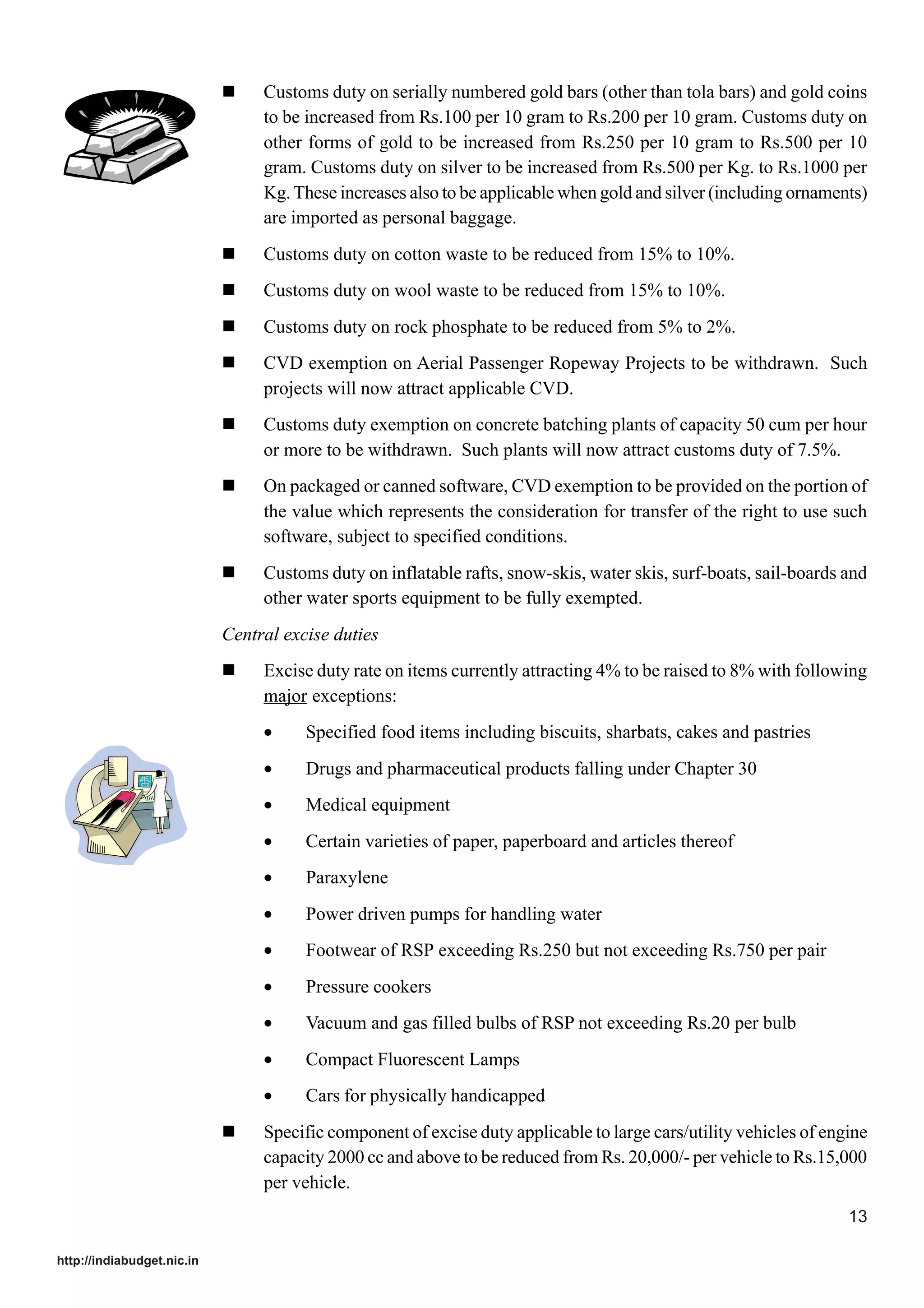 !    Customs duty on serially numbered gold bars (other than tola bars) and gold coins
                                 to be increased from Rs.100 per 10 gram to Rs.200 per 10 gram. Customs duty on
                                 other forms of gold to be increased from Rs.250 per 10 gram to Rs.500 per 10
                                 gram. Customs duty on silver to be increased from Rs.500 per Kg. to Rs.1000 per
                                 Kg. These increases also to be applicable when gold and silver (including ornaments)
                                 are imported as personal baggage.
                            !    Customs duty on cotton waste to be reduced from 15% to 10%.
                            !    Customs duty on wool waste to be reduced from 15% to 10%.
                            !    Customs duty on rock phosphate to be reduced from 5% to 2%.
                            !    CVD exemption on Aerial Passenger Ropeway Projects to be withdrawn. Such
                                 projects will now attract applicable CVD.
                            !    Customs duty exemption on concrete batching plants of capacity 50 cum per hour
                                 or more to be withdrawn. Such plants will now attract customs duty of 7.5%.
                            !    On packaged or canned software, CVD exemption to be provided on the portion of
                                 the value which represents the consideration for transfer of the right to use such
                                 software, subject to specified conditions.
                            !    Customs duty on inflatable rafts, snow-skis, water skis, surf-boats, sail-boards and
                                 other water sports equipment to be fully exempted.
                            Central excise duties
                            !    Excise duty rate on items currently attracting 4% to be raised to 8% with following
                                 major exceptions:
                                 •     Specified food items including biscuits, sharbats, cakes and pastries
                                 •     Drugs and pharmaceutical products falling under Chapter 30
                                 •     Medical equipment
                                 •     Certain varieties of paper, paperboard and articles thereof
                                 •     Paraxylene
                                 •     Power driven pumps for handling water
                                 •     Footwear of RSP exceeding Rs.250 but not exceeding Rs.750 per pair
                                 •     Pressure cookers
                                 •     Vacuum and gas filled bulbs of RSP not exceeding Rs.20 per bulb
                                 •     Compact Fluorescent Lamps
                                 •     Cars for physically handicapped
                            !    Specific component of excise duty applicable to large cars/utility vehicles of engine
                                 capacity 2000 cc and above to be reduced from Rs. 20,000/- per vehicle to Rs.15,000
                                 per vehicle.
                                                                                                                   13

http://indiabudget.nic.in
 