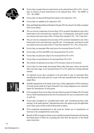 !   Excise duty on petrol driven trucks/lorries to be reduced from 20% to 8%. Excise
                                duty on chassis of such trucks/lorries to be reduced from ‘20% + Rs.10000’ to
                                ‘8% + Rs.10000’.
                            !   Excise duty on Special Boiling Point spirits to be reduced to 14%.
                            !   Excise duty on naphtha to be reduced to 14%.
                            !   Duty paid High Speed Diesel blended with upto 20% bio-diesel to be fully exempted
                                from excise duties.
                            !   The ad valorem component of excise duty of 6% on petrol intended for sale with a
                                brand name to be converted into a specific rate. Consequently, such petrol would
                                now attract total excise duty of Rs.14.50 per litre instead of ‘6% + Rs.13 per litre’.
                            !   The ad valorem component of excise duty of 6% on diesel intended for sale with a
                                brand name to be converted into a specific rate. Consequently, such diesel would
                                now attract total excise duty of Rs.4.75 per litre instead of ‘6% + Rs.3.25 per litre’.
                            !   Excise duty on manmade fibre and yarn to be increased from 4% to 8%.
                            !   Excise duty on PTA and DMT to be increased from 4% to 8%.
                            !   Excise duty on polyester chips to be increased from 4% to 8%.
                            !   Excise duty on acrylonitrile to be increased from 4% to 8%.
                            !   The scheme of optional excise duty of 4% for pure cotton to be restored.
                            !   Excise duty for man-made and natural fibres other than pure cotton, beyond the
                                fibre and yarn stage, to be increased from 4% to 8% under the existing optional
                                scheme.
                            !   An optional excise duty exemption to be provided to tops of manmade fibre
                                manufactured from duty paid tow at par with tops manufactured from duty paid
                                staple fibre.
                            !   Suitable adjustments to be made in the rates of duty applicable to DTA clearances
                                of textile goods made by Export Oriented Units using indigenous raw materials/
                                inputs for manufacture of such goods.
                            !   Full exemption from excise duty to be provided on goods of Chapter 68 of Central
                                Excise Tariff manufactured at the site of construction for use in construction work
                                at such site.
                            !   Excise duty exemption on ‘recorded smart cards’ and ‘recorded proximity cards
                                and tags’ to be made optional. Manufacturers have the option to pay the applicable
                                excise duty and avail the credit of duty paid on inputs.
                            !   EVA compound manufactured on job work for further use in manufacture of
                                footwear to be exempted from excise duty.
                            !   Benefit of SSI exemption scheme to be extended to printed laminated rolls bearing
                                the brand name of others by excluding this item from the purview of the brand
                                name restriction.
 14

http://indiabudget.nic.in
 
