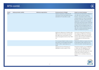 BFSI‐contd.

Sector   Industry/market wishlist   Edelweiss expectations        Announcements in Budget                    Impact on sector/company
BFSI                                                              Interest subvention scheme for ST          Positive for private banks as they too 
                                                                  crop loans to be continued and to be       can offer the lucrative scheme to 
                                                                  extended to Private SCBs as well.          farmers. A brief description of the 
                                                                                                             scheme‐Under this loans are provided 
                                                                                                             by banks to farmers at 9% and if the 
                                                                                                             repayment is done within the agreed 
                                                                                                             time frame, the farmer ends up paying 
                                                                                                             only 4% RoI while the bank can claim 
                                                                                                             another 5% from the government via 
                                                                                                             RBI. While now private banks too can 
                                                                                                             RBI. While now private banks too can
                                                                                                             offer this scheme we believe they are 
                                                                                                             under no compulsion to do so.

                                                                  Additional deduction of interest upto      Positive for home loan financiers in 
                                                                  INR0.1mn for first home loan (of less      the category of INR2.5mn and below, 
                                                                  that INR2.5mn) sanctioned in FY14. 
                                                                   h INR2 5 )          i    d i FY14         namely LICHF, Dewan Housing, Gruh 
                                                                                                                   l LICHF D         H   i    G h
                                                                  Value of property to be less than INR 4    Finance. SBI too stands to benefit to a 
                                                                  mn                                         limited extent on the home loans 
                                                                                                             portfolio.
                                                                  FIIs to be permitted to trade currency     Positive for MCS‐SX, however the limit 
                                                                                         g
                                                                  derivatives on exchange to the extent      to the extent of their exposure only 
                                                                                                                                      p         y
                                                                  of their Indian rupee exposure in          limits the overall volume expansion
                                                                  India
                                                                  Infrastructure tax‐free bonds of           Though the eligible limit of INR500bn 
                                                                  INR500bn can be issued in FY14             is lower than the INR600bn of last 
                                                                                                             fiscal, given that only INR250bn is 
                                                                                                             likely to be mobilized under this head 
                                                                                                             lik l t b       bili d d thi h d
                                                                                                             of the total limit the reduction in 
                                                                                                             overall limit is unlikely to have any 
                                                                                                             impact




                                                             13
 
