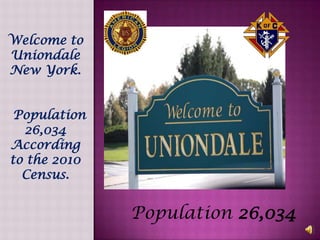 Welcome to
Uniondale
New York.


 Population
  26,034
According
to the 2010
  Census.


              Population 26,034
 