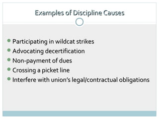 Examples of Discipline Causes


Participating in wildcat strikes
Advocating decertification
Non-payment of dues
Crossing a picket line
Interfere with union’s legal/contractual obligations
 
