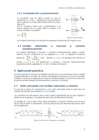 Uniones con tornillos no pretensados
Arianna Guardiola Víllora 5
4.2.2. Comprobación a punzonamiento
La condición que se debe cumplir es que la
solicitación Ft,Ed ≤ Bp,Rd, resistencia a punzonamiento
de la cabeza o la tuerca del tornillo contra la chapa
(figura 9).
No es necesario hacer esta comprobación si el
menor espesor de la chapa bajo la cabeza o la
tuerca cumple la condición:
ub
min
u
fd
t
6 f
 
Ft,Ed
Ft,Ed
Figura 9. Punzonamiento
En la tabla 5 del Anejo A se tabulan los espesores mínimos de las chapas a unir.
4.3 Tornillos solicitados a tracción y cortante
simultáneamente
Los tornillos solicitados a tracción y cortante simultáneamente deben cumplir,
además de las condiciones de los epígrafes 4.1 y 4.2 la siguiente condición
adicional: , ,
, ,
,
,
v Ed t Ed
v Rd t Rd
F F
1 0
F 1 4 F
 

Siendo Fv,Ed y Ft,Rd los esfuerzos que solicitan al
tornillo, y Fv,Rd y Ft,Rd las resistencias a cortante y tracción respectivamente
(expresiones de los epígrafes 4.1.1 y 4.2.1 y tablas del Anejo A)
5 Aplicación práctica
En este apartado se incluyen los detalles constructivos y las comprobaciones a realizar
correspondientes a tres tipos de uniones atornilladas: la primera en la que los tornillos
trabajan a cortante, la segunda en la que los tornillos trabajan a tracción y la última en
la que los tornillos trabajan simultáneamente a tracción y cortante.
5.1 Unión articulada con tornillos solicitados a cortante
El nudo de la figura 10 corresponde a una unión articulada entre la barra de una
celosía formada por dos perfiles en L y una cartela.
La condición de articulación de la unión queda garantizada por la poca rigidez a
flexión de los angulares, y no depende del modo de disponer los tornillos.
Los perfiles en L de la figura 10(a) están solicitados a tracción mientras que los de la
figura 10(b) lo están a compresión. Las fases del proceso de dimensionado de la unión
son las siguientes:
e p p1 1 1
e1 e p p1 1 1
e1
NEdNEd NEd NEd
e2 e2
> 2d > 2d
d0
(a) (b)
Figura 10. Unión entre 2 angulares y una cartela
 