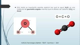  Esta teoría es importante permite explicar por qué el agua (H2O) es una
molécula de geometría angular mientras que el dióxido de carbono (CO2) es
lineal.
 