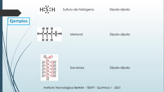 Sulfuro de hidrógeno Dipolo-dipolo
Metanol Dipolo-dipolo
Sacarosa Dipolo-dipolo
Ejemplos
 
