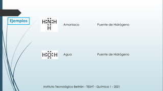 Amoniaco Puente de Hidrógeno
Agua
Ejemplos
Puente de Hidrógeno
 
