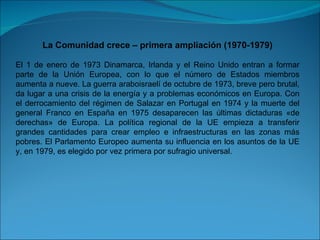 La Comunidad crece – primera ampliación (1970-1979) El 1 de enero de 1973 Dinamarca, Irlanda y el Reino Unido entran a formar parte de la Unión Europea, con lo que el número de Estados miembros aumenta a nueve. La guerra araboisraelí de octubre de 1973, breve pero brutal, da lugar a una crisis de la energía y a problemas económicos en Europa. Con el derrocamiento del régimen de Salazar en Portugal en 1974 y la muerte del general Franco en España en 1975 desaparecen las últimas dictaduras «de derechas» de Europa. La política regional de la UE empieza a transferir grandes cantidades para crear empleo e infraestructuras en las zonas más pobres. El Parlamento Europeo aumenta su influencia en los asuntos de la UE y, en 1979, es elegido por vez primera por sufragio universal. 