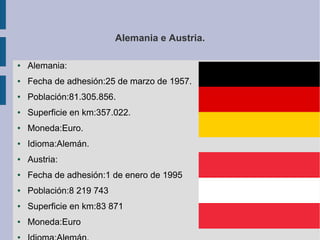 Alemania e Austria.
●

Alemania:

●

Fecha de adhesión:25 de marzo de 1957.

●

Población:81.305.856.

●

Superficie en km:357.022.

●

Moneda:Euro.

●

Idioma:Alemán.

●

Austria:

●

Fecha de adhesión:1 de enero de 1995

●

Población:8 219 743

●

Superficie en km:83 871

●

Moneda:Euro

●

 