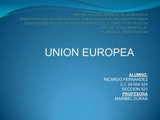 UNION EUROPEA
ALUMNO:
RICARDO FERNANDEZ
C.I. 24.654.524
SECCION 523
PROFESORA
MARIBEL DURAN
 