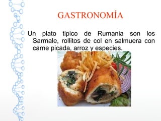 GASTRONOMÍA
Un plato tipico de Rumania son los
Sarmale, rollitos de col en salmuera con
carne picada, arroz y especies.
 