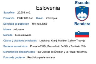 Eslovenia Superficie  20.253 km2 Población   2.047.000 hab  Himno   Zdravljica Densidad de población   101 hab./km2   Idioma   esloveno  Moneda   Euro esloveno  Capital y ciudades principales  Ljubljana, Kranj, Maribor, Celje y Trbovlje Sectores económicos   Primario 2,6%, Secundario 34,3% y Terciario 63% Monumentos característicos   las Cuevas de Škocjan y la Plaza Presernov  Forma de gobierno   República parlamentaria Bandera Escudo 