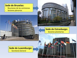 Sede de Bruselas:
- Reuniones de las comisiones
- Sesiones plenarias




                                Sede de Estrasburgo:
                                ‐ Sesiones planetarias




    Sede de Luxemburgo:
    ‐ Secretaría General
 