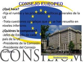 Consejo europeo
¿Qué hace?
-Fija el rumbo y las prioridades políticas generales de la
UE
-Trata cuestiones complejas que no se han resuelto en
niveles inferiores
¿Quiénes lo componen?
-Jefes de Estado de cada
país de la UE
-Presidente de la Comisión
-Presidente del Consejo
Europeo.
                                      Residence palace
 