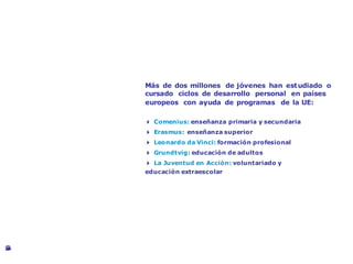 Estudiar en el extranjero
Más de dos millones de jóvenes han estudiado o
cursado ciclos de desarrollo personal en países
europeos con ayuda de programas de la UE:
4 Comenius: enseñanza primaria y secundaria
4 Erasmus: enseñanza superior
4 Leonardo da Vinci: formación profesional
4 Grundtvig: educación de adultos
4 La Juventud en Acción: voluntariado y
educación extraescolar
©GettyImages
 