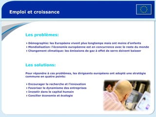 Emploi et croissance Les problèmes:    Démographie: les Européens vivent plus longtemps mais ont moins d’enfants  Mondialisation: l’économie européenne est en concurrence avec le reste du monde  Changement climatique: les émissions de gaz à effet de serre doivent baisser Les solutions:   Pour répondre à ces problèmes, les dirigeants européens ont adopté une stratégie commune en quatre points:   Encourager la recherche et l’innovation  Favoriser le dynamisme des entreprises  Investir dans le capital humain  Concilier économie et écologie  
