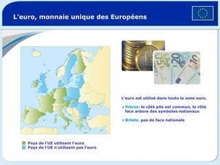 L’euro, monnaie unique des Européens   Pays de l’UE utilisant l’euro Pays de l’UE n’utilisant pas l’euro L’euro est utilisé dans toute la zone euro.  Pièces:   le côté pile est commun, le côté   face arbore des symboles nationaux  Billets:   pas de face nationale   
