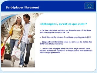 «Schengen», qu’est-ce que c’est ?    Fin des contrôles policiers ou douaniers aux frontières entre la plupart des pays de l’UE  Contrôles renforcés aux frontières extérieures de l’UE  Coopération intensifiée entre les services de police des différents États membres  Lors de vos voyages dans un autre pays de l’UE, vous pouvez acheter et rapporter n’importe quel bien destiné à votre usage personnel Se déplacer librement © Corbis 