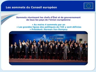 Les sommets du Conseil européen Sommets réunissant les chefs d’État et de gouvernement de tous les pays de l’Union européenne  Au moins 4 sommets par an    Les grandes lignes des politiques de l’UE y sont définies  Président: Herman Van Rompuy 