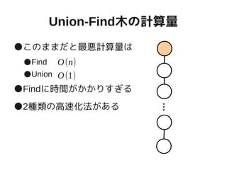 Union-Find木の計算量
●このままだと最悪計算量は
●Find
●Union
●Findに時間がかかりすぎる
●2種類の高速化法がある
…
O(n)
O(1)
 