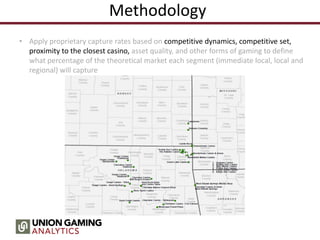 Methodology
• Apply proprietary capture rates based on competitive dynamics, competitive set,
proximity to the closest casino, asset quality, and other forms of gaming to define
what percentage of the theoretical market each segment (immediate local, local and
regional) will capture
 