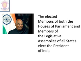 The elected
Members of both the
Houses of Parliament and
Members of
the Legislative
Assemblies of all States
elect the President
of India.
 