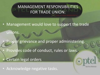 TRADE UNION ACTIVITIESWork in contact with the employees Negotiate with the management Know about employees personal problems.Help them in improving their work problems.Issues related working environment.Difficulty working with certain subordinates.