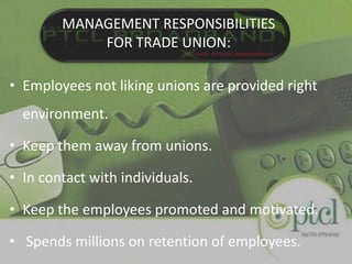 TRADE UNION ACTIVITIESUnions misinterpret their powers.Misuse means to fulfill tasks.violate rules and regulations.Involvement of politics.Personal interests.