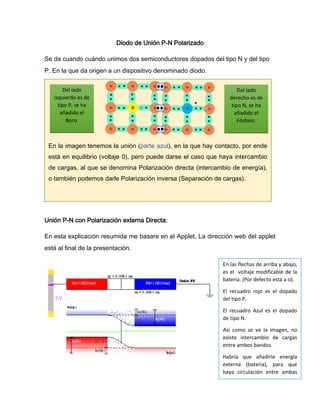 En la imagen tenemos la unión (parte azul), en la que hay contacto, por ende
está en equilibrio (voltaje 0), pero puede darse el caso que haya intercambio
de cargas, al que se denomina Polarización directa (intercambio de energía),
o también podemos darle Polarización inversa (Separación de cargas).
Diodo de Unión P-N Polarizado
Se da cuando cuándo unimos dos semiconductores dopados del tipo N y del tipo
P. En la que da origen a un dispositivo denominado diodo.
Unión P-N con Polarización externa Directa:
En esta explicación resumida me basare en el Applet. La dirección web del applet
está al final de la presentación.
Del lado
izquierdo es de
tipo P, se ha
añadido el
Boro.
Del lado
derecho es de
tipo N, se ha
añadido el
Fósforo.
En las flechas de arriba y abajo,
es el voltaje modificable de la
batería. (Por defecto está a o).
El recuadro rojo es el dopado
del tipo P.
El recuadro Azul es el dopado
de tipo N.
Así como se ve la imagen, no
existe intercambio de cargas
entre ambos bandos.
Habría que añadirle energía
externa (batería), para que
haya circulación entre ambas
cargas.
 