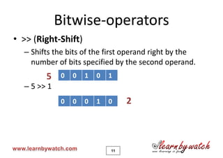 Bitwise-operators
• >> (Right-Shift)
  – Shifts the bits of the first operand right by the
    number of bits specified by the second operand.
        5     0   0   1   0   1
  – 5 >> 1
              0   0   0   1   0    2



                              11
 