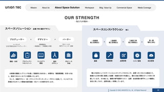 Copyright @ 2022 UNIONTEC Co., ltd. All Rights Reserved
スペースソリューション 企画・PM・設計デザイン
スペースコンストラクション 施工
Copyright @ 2022 UNIONTEC Co., ltd. All Rights Reserved 12
OUR STRENGTH
- 私たちの強み -
× ×
コンサルや
広告代理店出⾝のプロデューサー
経験豊富な
⼀級建築⼠・⼆級建築⼠所属
CGパースの
専⾨クリエイター部隊
調査・分析 プロジェクト
マネジメント
コンセプト
開発
設計
デザイン
CGパース
作成
お客様の課題にヒアリングを通して徹底的に向き合い、本質的な「最重要課題」を⾒つけ出
し、解決できるコンセプトを開発いたします。
そして、体験デザイン・BI（ブランドアイデンティティ）デザインを通して、コンセプトを
具現化するオフィス環境の設計図⾯・CGパースの制作を⾏います。
購買 現場管理 品質管理 コスト管理 安全管理
職⼈の会社としてスタートしたユニオンテックだからこそ、品質へのこだわりは筋⾦⼊り。
創業から22年の間に蓄積した経験・知識を社内で共通化し、優れた施⼯管理スタッフが多く所
属しています。その他にも、購買の専⾨部署やコスト・品質・安全管理の専⾨チェック機関も
⾃社に有しており、品質を厳しく管理しています。
PM
× × ×
⼀級建築
施⼯管理技⼠
⼆級建築
施⼯管理技⼠
第⼀種
電気⼯事⼠
⼆級管⼯事
施⼯管理技⼠
プロデューサー デザイナー パーサー
Mission About Us About Space Solution Workspace Bldg. Value Up Commercial Space Media Coverage
 