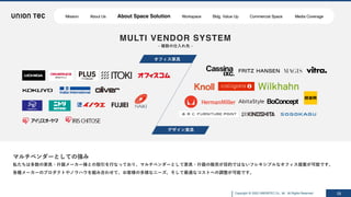 Copyright @ 2022 UNIONTEC Co., ltd. All Rights Reserved 15
MULTI VENDOR SYSTEM
- 複数の仕⼊れ先 -
マルチベンダーとしての強み
私たちは多数の家具・什器メーカー様との取引を⾏なっており、マルチベンダーとして家具・什器の販売が⽬的ではないフレキシブルなオフィス提案が可能です。
各種メーカーのプロダクトやノウハウを組み合わせて、お客様の多様なニーズ、そして最適なコストへの調整が可能です。
オフィス家具
デザイン家具
Mission About Us About Space Solution Workspace Bldg. Value Up Commercial Space Media Coverage
 