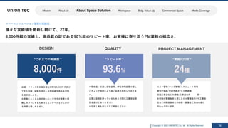 Copyright @ 2022 UNIONTEC Co., ltd. All Rights Reserved 16
PROJECT MANAGEMENT
コスト管理/タスク管理/スケジュール管理
諸官庁協議/申請⼿続き/ビル側調整
別途⼯事会社との調整/⼯事諸条件 等…
お客様が業務負担と感じるビル管理会社やB⼯事会
社などの関係各所との折衝・調整をご担当者様に
代わって⾏います。
“業務代⾏数 “
24種
DESIGN
店舗・オフィス等多種多様な空間を8,000件⼿掛け
てきた知識・経験を活かし企業価値を⾼める空間
を提供致します。
お客様にとことん向き合いニーズやその背景を理
解しカタチにするためコミュニケーションにかけ
る時間を惜しみません。
“これまでの実績数 “
8,000件
QUALITY
中間検査・引渡し前検査等、弊社専⾨部署の厳し
いチェック制度により⾼い品質を実現しておりま
す。
品質に⾃信を持っているため１年間の⼯事保証期
間を設けております(※)
お引渡し後も安⼼してご相談ください
“リピート率 “
93.6％
スペースソリューション事業の実績値
様々な実績値を更新し続けて、22年。
8,000件超の実績と、⾼品質の証である90％超のリピート率、お客様に寄り添うPM業務の幅広さ。
Mission About Us About Space Solution Workspace Bldg. Value Up Commercial Space Media Coverage
 