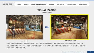 Copyright @ 2022 UNIONTEC Co., ltd. All Rights Reserved 21
VISUALIZATION
- 圧倒的な実現⼒ -
イメージパース 実際に出来上がった空間
デザイン検討の初期段階で、各部⾨が法規・施⼯⽅法・安全/品質等の観点で、実現可能な設計となっているかをチェックします。
また、再現性の⾼いイメージパースをもとにお客様と完成イメージを共有していきますので、完成後に「イメージと違う」と⾔うよ
うなトラブルも未然に防ぎます。
Mission About Us About Space Solution Workspace Bldg. Value Up Commercial Space Media Coverage
 