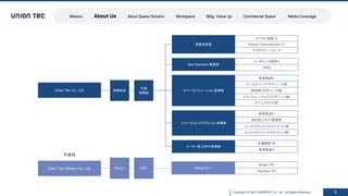 Copyright @ 2022 UNIONTEC Co., ltd. All Rights Reserved
取締役会
代表
取締役
経営企画室
デジタル推進 G
Brand Communication G
New Standard 推進室
コーポレート統括G
アクセラレーション G
メーカー施工BPO事業部
市場開発TM
スペースコンストラクション事業部
事業推進G
設計施工QCD推進部
コンストラクションマネジメント1部
コンストラクションマネジメント2部
スペースソリューション事業部
事業推進G
ワークスペースプロデュース部
商空間プロデュース部
ビルバリューアッププロデュース部
事業推進G
1MSG
ビジュアライズ部
Union Tec Vietnam Co., Ltd.
Union Tec Co., Ltd.
Board CEO Design Div.
Bridge TM
Visualize TM
⼦会社
5
Mission About Us About Space Solution Workspace Bldg. Value Up Commercial Space Media Coverage
 