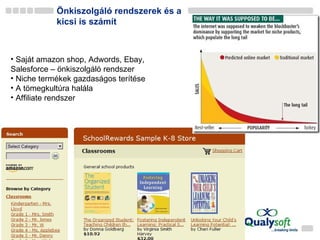 Önkiszolgáló rendszerek és a kicsi is számít 09-06-08 Saját amazon shop, Adwords, Ebay, Salesforce – önkiszolgáló rendszer Niche termékek gazdaságos terítése A tömegkultúra halála Affiliate rendszer 