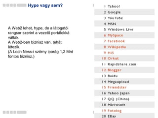 Hype vagy sem? A Web2 lehet, hype, de a látogatói rangsor szerint a vezető portálokká váltak. A Web2-ben biznisz van, tehát létezik. (A Loch Ness-i szörny iparág 1,2 Mrd fontos biznisz.) 