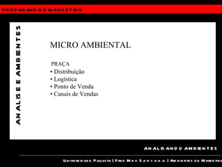 PROPAGANDA &  MARKETING Universidade Paulista | Prof.  Max Santana  | Ambientes de Marketing ANALISANDO AMBIENTES ANALISE E AMBIENTES MICRO AMBIENTAL PRAÇA •  Distribuição •  Logística •  Ponto de Venda •  Canais de Vendas 