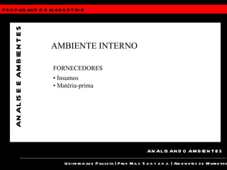PROPAGANDA &  MARKETING Universidade Paulista | Prof.  Max Santana  | Ambientes de Marketing ANALISANDO AMBIENTES ANALISE E AMBIENTES AMBIENTE INTERNO FORNECEDORES •  Insumos •  Matéria-prima 