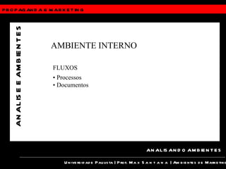 PROPAGANDA &  MARKETING Universidade Paulista | Prof.  Max Santana  | Ambientes de Marketing ANALISANDO AMBIENTES ANALISE E AMBIENTES AMBIENTE INTERNO FLUXOS •  Processos •  Documentos 