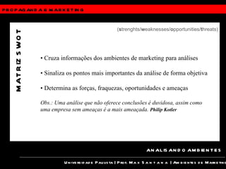 PROPAGANDA &  MARKETING Universidade Paulista | Prof.  Max Santana  | Ambientes de Marketing ANALISANDO AMBIENTES MATRIZ SWOT ( s trenghts/ w eaknesses/ o pportunities/ t hreats) •  Cruza informações dos ambientes de marketing para análises •  Sinaliza os pontos mais importantes da análise de forma objetiva •  Determina as forças, fraquezas, oportunidades e ameaças Obs.: Uma análise que não oferece conclusões é duvidosa, assim como uma empresa sem ameaças é a mais ameaçada.  Philip Kotler 