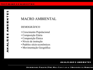 PROPAGANDA &  MARKETING Universidade Paulista | Prof.  Max Santana  | Ambientes de Marketing ANALISANDO AMBIENTES ANALISE E AMBIENTES MACRO AMBIENTAL DEMOGRÁFICO •  Crescimento Populacional •  Composição Etária •  Composição Étnica •  Níveis de instrução •  Padrões sócio-econômicos •  Movimentação Geográfica 