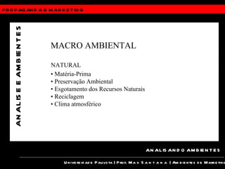 PROPAGANDA &  MARKETING Universidade Paulista | Prof.  Max Santana  | Ambientes de Marketing ANALISANDO AMBIENTES ANALISE E AMBIENTES MACRO AMBIENTAL NATURAL •  Matéria-Prima •  Preservação Ambiental •  Esgotamento dos Recursos Naturais •  Reciclagem •  Clima atmosférico 