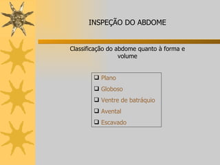 Plano Globoso Ventre de batráquio Avental Escavado Classificação do abdome quanto à forma e volume INSPEÇÃO DO ABDOME 