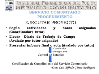 Econ. Luis Alfredo Gómez Rodríguez SERVICIO COMUNITARIO PROCEDIMIENTO EJECUTAR PROYECTO Según actividades y horas asignadas (Coordinador/ tutor) Llevar  Diario de Trabajo de Campo  (Avalado por tutor asignado) Presentar informe final o acta (Avalado por tutor) Certificación de Cumplimiento del Servicio Comunitario Control de Estudios Coordinador consigna ante 