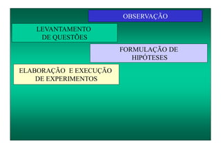 OBSERVAÇÃO
LEVANTAMENTO
DE QUESTÕES
FORMULAÇÃO DE
HIPÓTESES
ELABORAÇÃO E EXECUÇÃO
DE EXPERIMENTOS
 