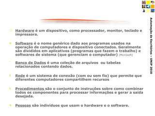 Hardware  é um dispositivo, como processador, monitor, teclado e impressora.  Software  é o nome genérico dado aos programas usados na operação de computadores e dispositivo conectados. Geralmente são divididos em aplicativos (programas que fazem o trabalho) e softwares de sistema (que gerenciam o computador)  (Microsoft) Banco de Dados  é uma coleção de arquivos  ou tabelas relacionados contendo dados. Rede  é um sistema de conexão (com ou sem fio) que permite que diferentes computadores compartilhem recursos Procedimentos  são o conjunto de instruções sobre como combinar todos os componentes para processar informações e gerar a saída desejada.  Pessoas  são indivíduos que usam o hardware e o software.  