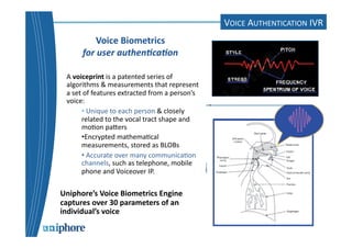 Voice 
Biometrics 
for 
user 
authen0ca0on 
A 
voiceprint 
is 
a 
patented 
series 
of 
algorithms 
& 
measurements 
that 
represent 
a 
set 
of 
features 
extracted 
from 
a 
person’s 
voice: 
• 
Unique 
to 
each 
person 
& 
closely 
related 
to 
the 
vocal 
tract 
shape 
and 
mo=on 
pacers 
• Encrypted 
mathema=cal 
measurements, 
stored 
as 
BLOBs 
• 
Accurate 
over 
many 
communica=on 
channels, 
such 
as 
telephone, 
mobile 
phone 
and 
Voiceover 
IP. 
Uniphore’s 
Voice 
Biometrics 
Engine 
captures 
over 
30 
parameters 
of 
an 
individual’s 
voice 
VOICE 
AUTHENTICATION 
IVR 
 