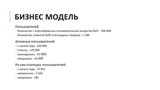 БИЗНЕС МОДЕЛЬ
Пользователей
 Количество с агрегированных пользовательских аккаунтов b2c - 300 000
 Количество клиентов b2b (поставщики товаров) - 1 500
Активных пользователей:
 с начала года - 220 000
 в месяц - 129 000
 еженедельно - 45 000
 ежедневно - 10 000
Из них платящих пользователей:
 с начала года - 37 053
 ежемесячно - 5 569
 ежедневно - 185
 